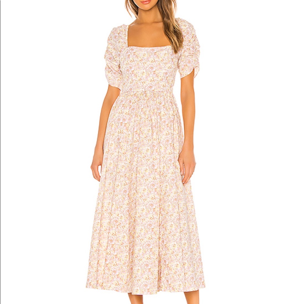 Floral Square-Neck Midi Dress in Light Pink